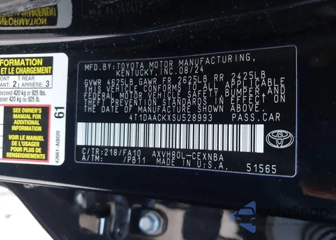 2025 Toyota Camry Le from USA, damaged, VIN 4T1DAACKXSU528993